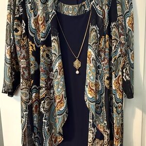R & M Richard’s Navy Dress with Paisley Sheer Kimono - 2pc with Neclace - NWT